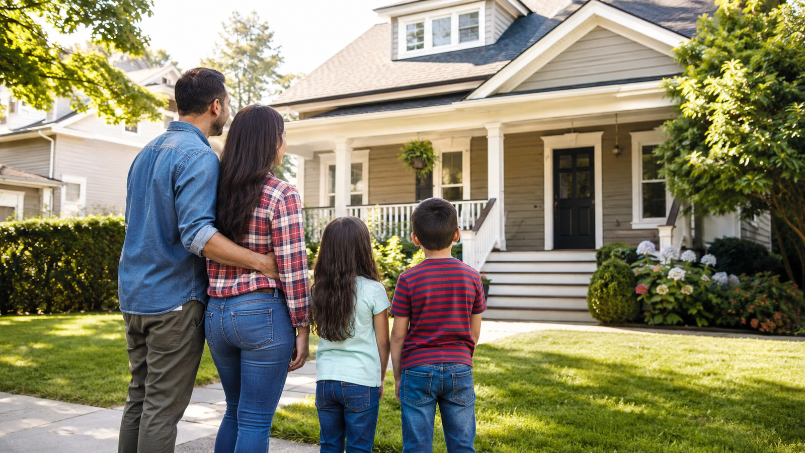 Family looking at a house