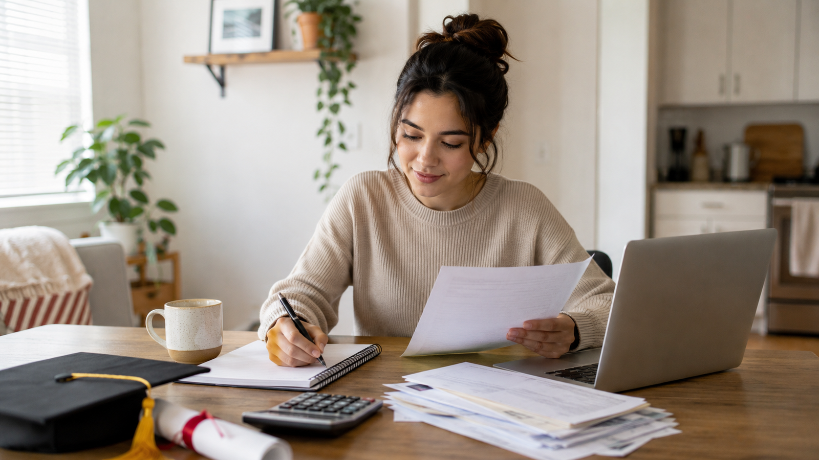 student at her table